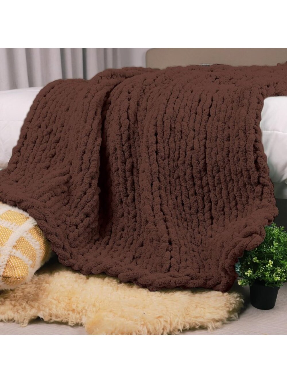 Cozy Chunky Knit Throw Blanket 50"x60", 100% Handmade, Soft Cocoa Brown Color